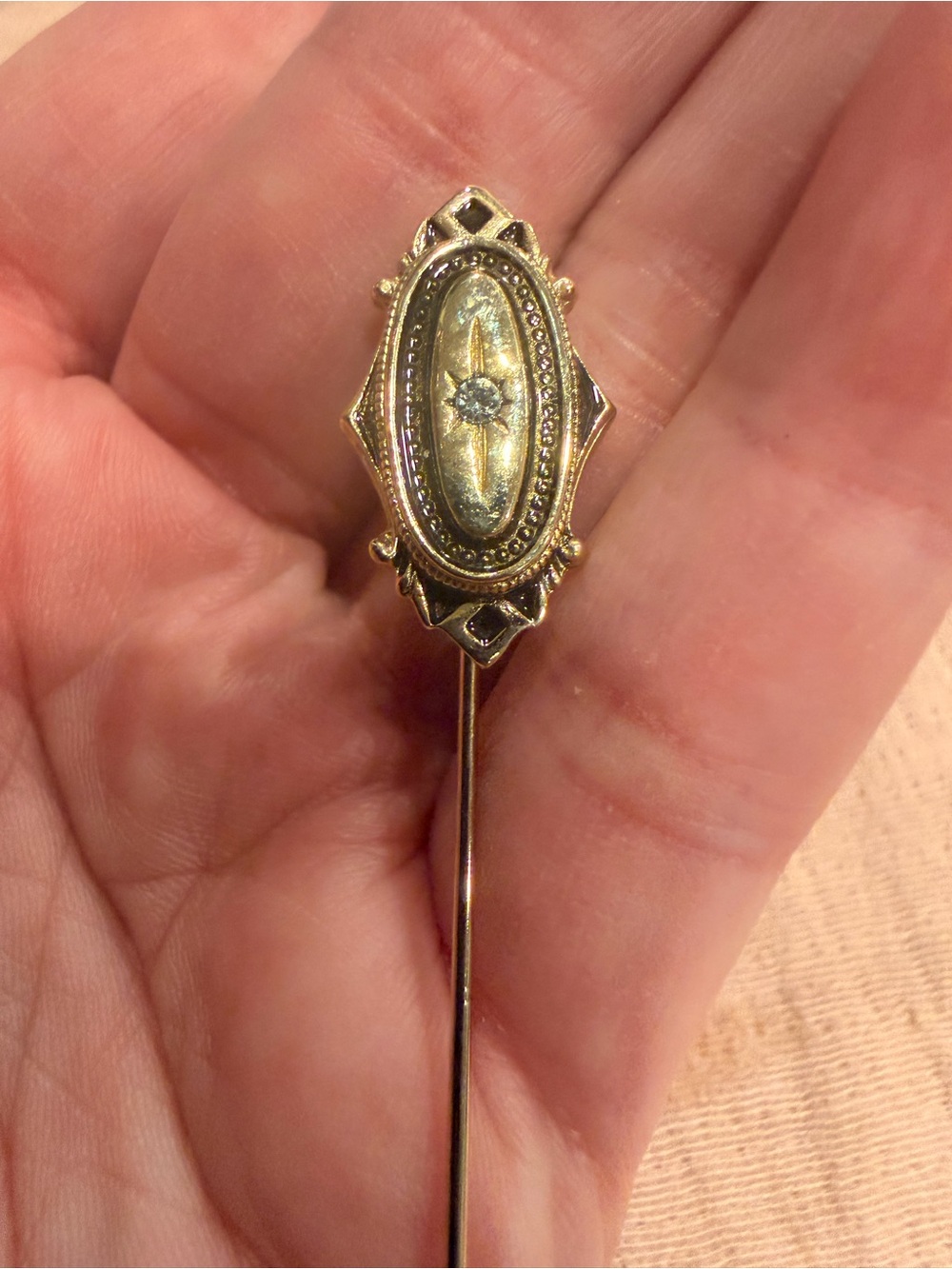 Avon Gold Tone Stick Pin with Clear Crystal Accent